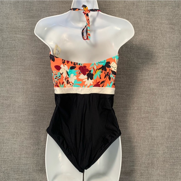 Sea Angel Halter Orange Floral Swimsuit Meadowdale Black Cheeky Bottom Womens L - Picture 4 of 14